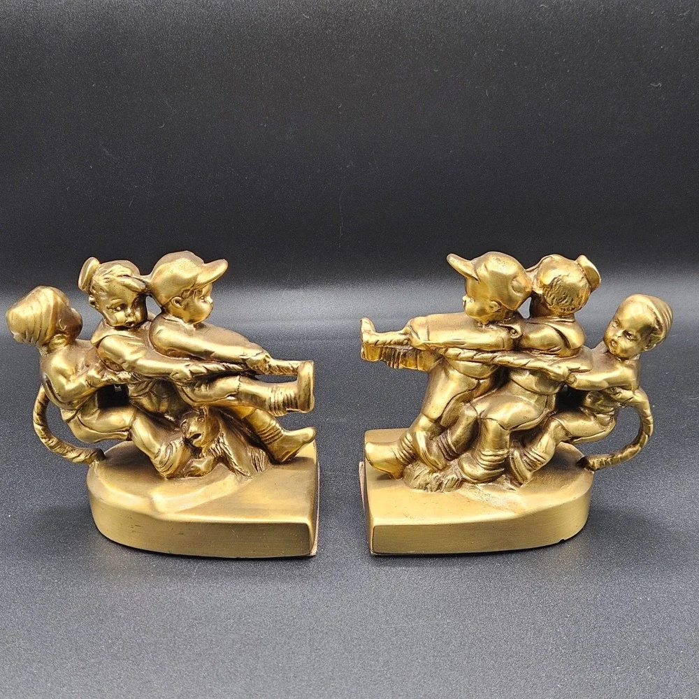 PM Craftsman Brass Tug of War Children Bookends Vintage Eaton Park Florida Gold